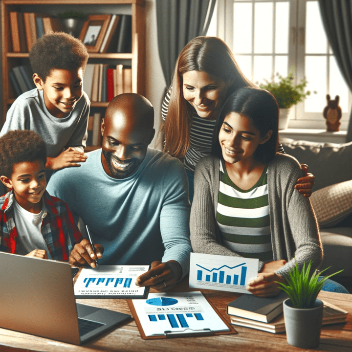 DALL·E 2023-12-13 10.51.56 - A conceptual image representing 'Family Credit Management'. The scene includes a happy family of four (a father, a mother, a son, and a daughter)