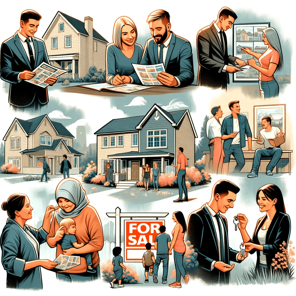 A visual representation of the concept 'Buying a House.' The image shows a diverse group of people in different stages of the home-buying process. The first scene depicts a young couple consulting with a real estate agent, viewing a property brochure. The second scene shows a middle-aged man inspecting a house, possibly during an open house event, with a realtor guiding him. The third scene features a family with children, smiling and discussing among themselves in front of a 'For Sale' sign outside a house. The final scene depicts a person joyfully holding house keys in front of a 'Sold' sign, symbolizing the successful purchase of a home. The image captures the excitement, decision-making, and fulfillment associated with buying a house.
